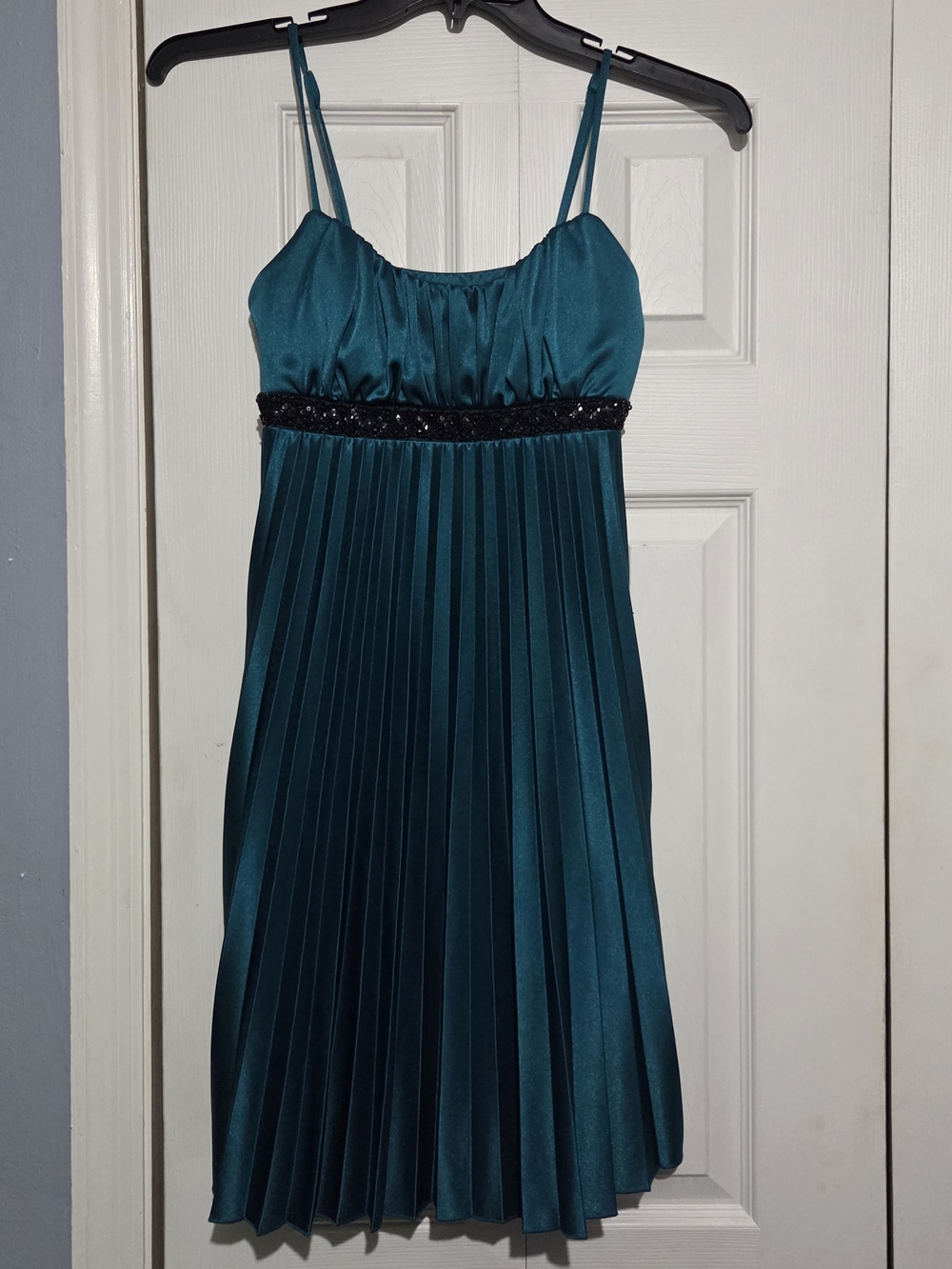 Speechless Teal Pleated Spaghetti Strap Dress with Beaded Waist